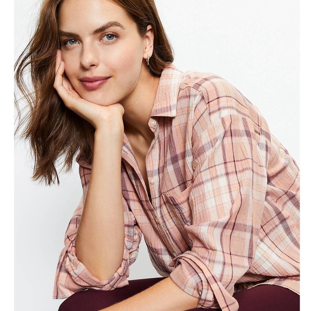 LOFT Plaid Pocket Tunic Pink Shirt LP